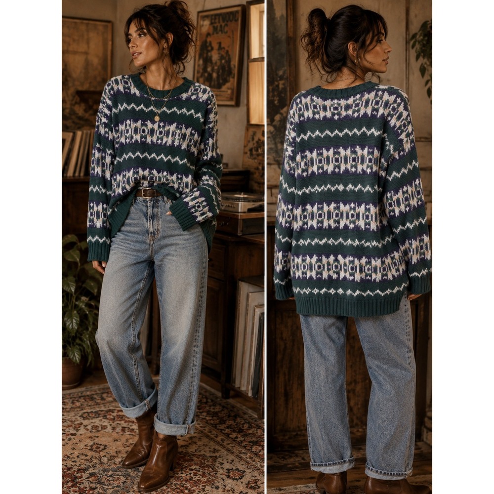 Gap Women Medium Sweater Green Vintage 90s Heavy‎ Thick Cozy Winter Fair Isle